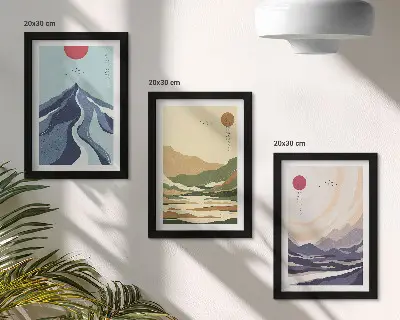 Fotowand mit Bergmotiv in Pastellfarben im Japandi-Stil