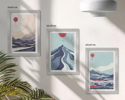 Abstrakte Berglandschaften im japanischen Stil Bilderset mit Rahmen