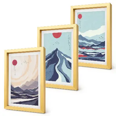 Abstrakte Berglandschaften im japanischen Stil Bilderset mit Rahmen