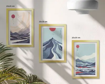 Abstrakte Berglandschaften im japanischen Stil Bilderset mit Rahmen