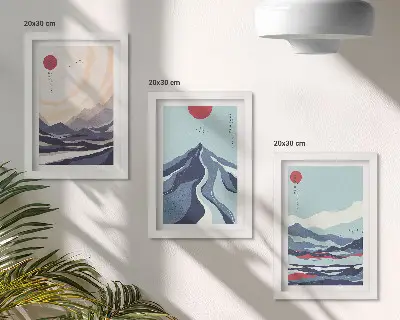 Abstrakte Berglandschaften im japanischen Stil Bilderset mit Rahmen
