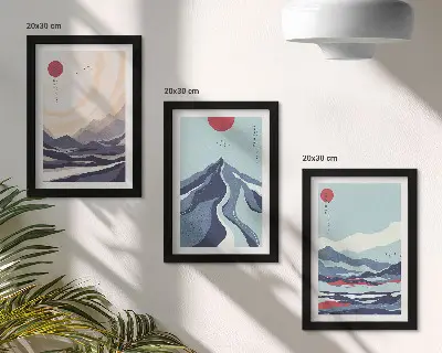 Abstrakte Berglandschaften im japanischen Stil Bilderset mit Rahmen