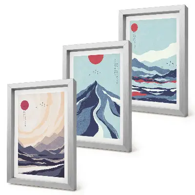 Abstrakte Berglandschaften im japanischen Stil Bilderset mit Rahmen
