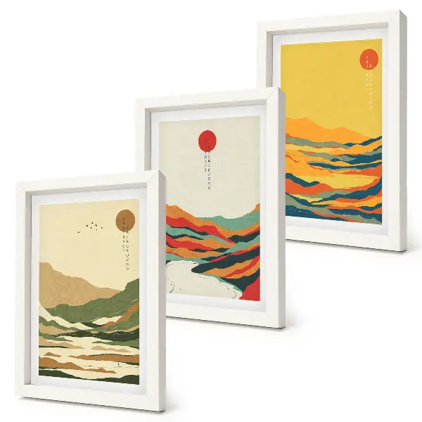 Fotowand mit farbenfrohen Berg- und Flussmustern im Japandi-Stil