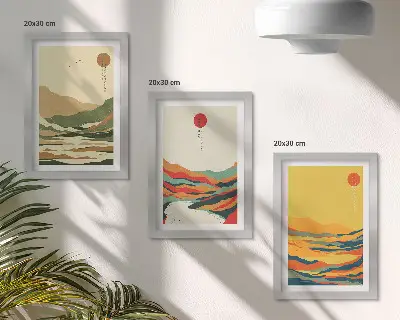 Fotowand mit farbenfrohen Berg- und Flussmustern im Japandi-Stil