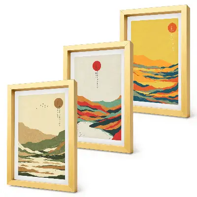 Fotowand mit farbenfrohen Berg- und Flussmustern im Japandi-Stil