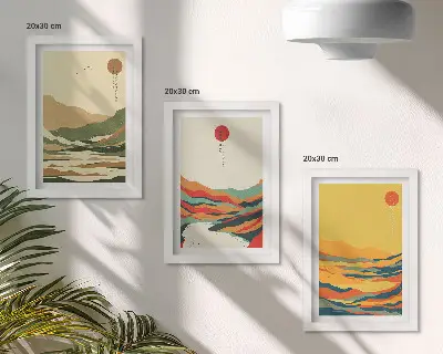 Fotowand mit farbenfrohen Berg- und Flussmustern im Japandi-Stil