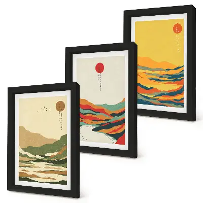 Fotowand mit farbenfrohen Berg- und Flussmustern im Japandi-Stil