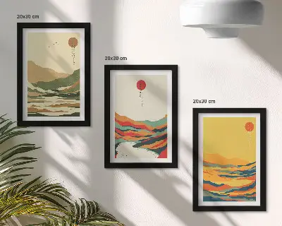 Fotowand mit farbenfrohen Berg- und Flussmustern im Japandi-Stil