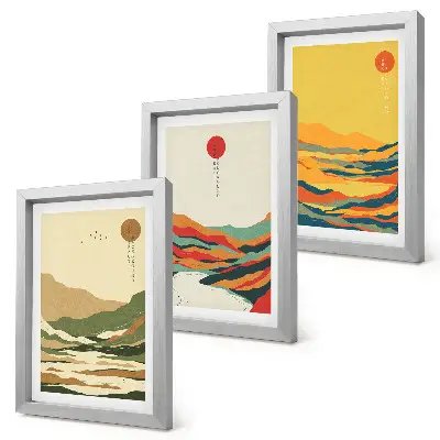 Fotowand mit farbenfrohen Berg- und Flussmustern im Japandi-Stil