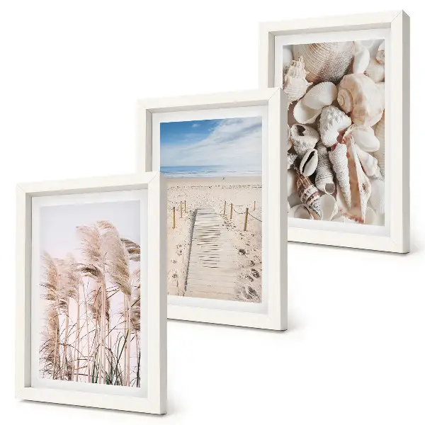 Bilderset Sandstrand mit Muscheln und Seegras mit Rahmen
