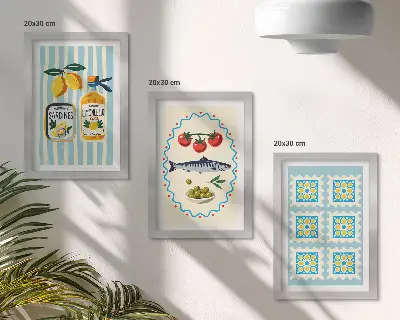 Fotowand mit Küchenillustrationen im mediterranen Stil