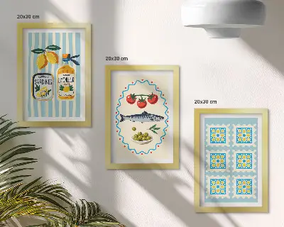 Fotowand mit Küchenillustrationen im mediterranen Stil