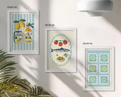 Fotowand mit Küchenillustrationen im mediterranen Stil