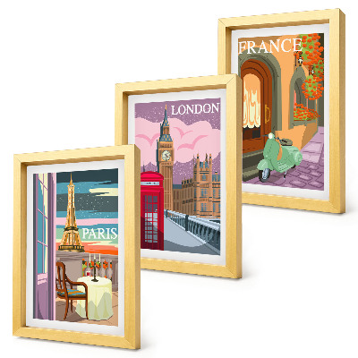 Bilderset mit rahmen Retro-Stadtansichten von Paris, London und Frankreich