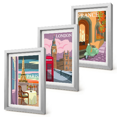 Bilderset mit rahmen Retro-Stadtansichten von Paris, London und Frankreich