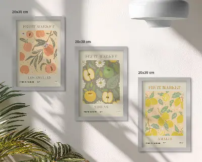 Bilderwand mit Fruchtpostermustern im Retro-Stil