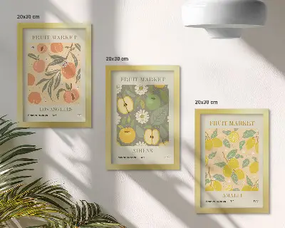 Bilderwand mit Fruchtpostermustern im Retro-Stil