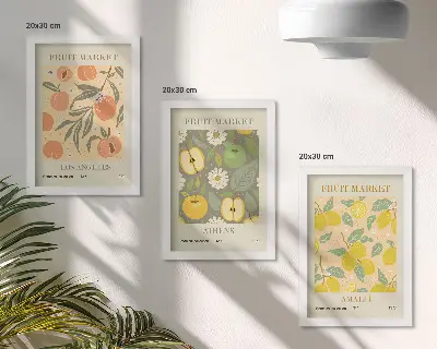 Bilderwand mit Fruchtpostermustern im Retro-Stil
