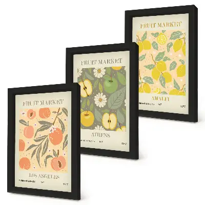Bilderwand mit Fruchtpostermustern im Retro-Stil