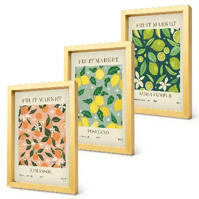 Bilderwand mit fruchtigen Zitrusmustern und Vintage-Blumen