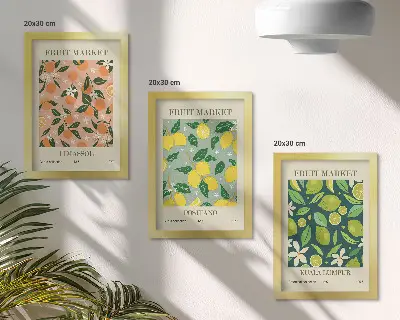 Bilderwand mit fruchtigen Zitrusmustern und Vintage-Blumen