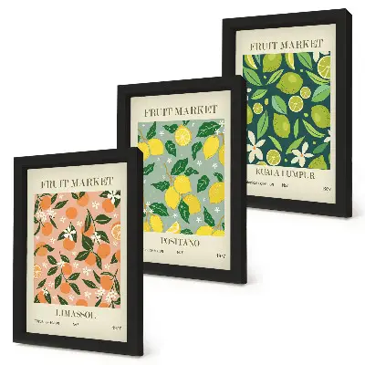 Bilderwand mit fruchtigen Zitrusmustern und Vintage-Blumen