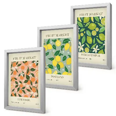 Bilderwand mit fruchtigen Zitrusmustern und Vintage-Blumen