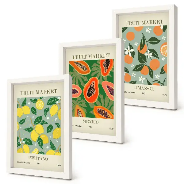 Obstposter mit Zitronen Papayas Mandarinen und Blumen bilderset mit rahmen