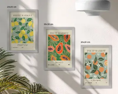 Obstposter mit Zitronen Papayas Mandarinen und Blumen bilderset mit rahmen