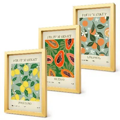 Obstposter mit Zitronen Papayas Mandarinen und Blumen bilderset mit rahmen