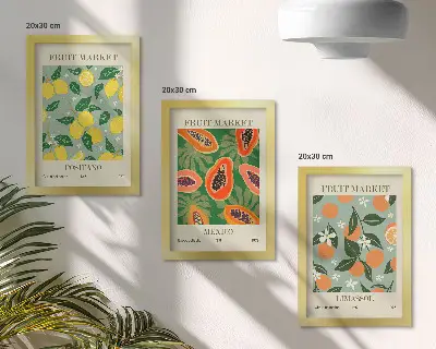 Obstposter mit Zitronen Papayas Mandarinen und Blumen bilderset mit rahmen
