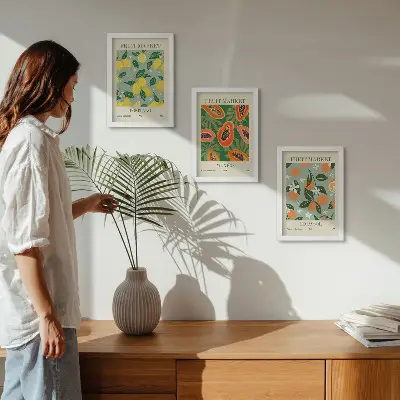 Obstposter mit Zitronen Papayas Mandarinen und Blumen bilderset mit rahmen