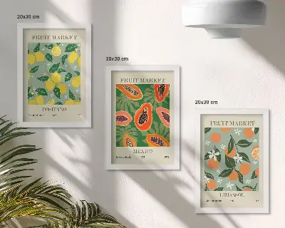 Obstposter mit Zitronen Papayas Mandarinen und Blumen bilderset mit rahmen