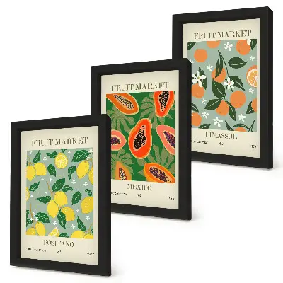 Obstposter mit Zitronen Papayas Mandarinen und Blumen bilderset mit rahmen