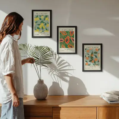 Obstposter mit Zitronen Papayas Mandarinen und Blumen bilderset mit rahmen