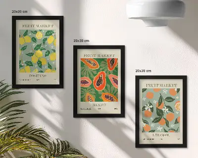 Obstposter mit Zitronen Papayas Mandarinen und Blumen bilderset mit rahmen