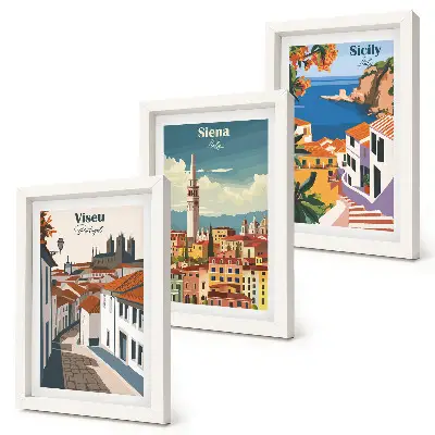 Fotowand mit Retro-Illustrationen berühmter Städte aus aller Welt