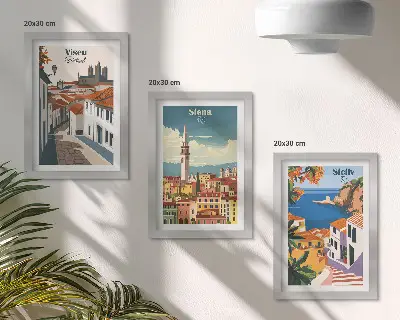Fotowand mit Retro-Illustrationen berühmter Städte aus aller Welt