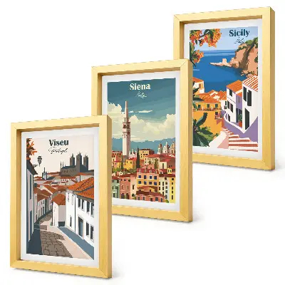 Fotowand mit Retro-Illustrationen berühmter Städte aus aller Welt
