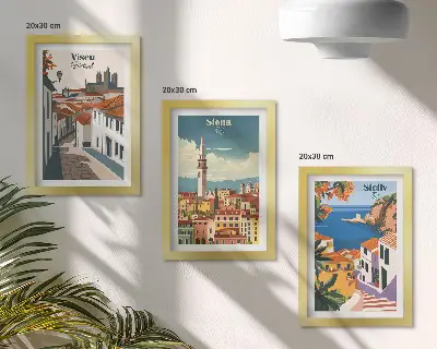 Fotowand mit Retro-Illustrationen berühmter Städte aus aller Welt