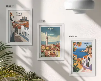 Fotowand mit Retro-Illustrationen berühmter Städte aus aller Welt