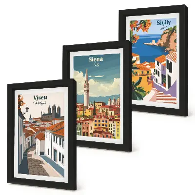 Fotowand mit Retro-Illustrationen berühmter Städte aus aller Welt