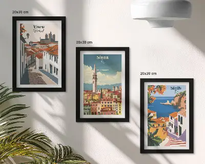 Fotowand mit Retro-Illustrationen berühmter Städte aus aller Welt