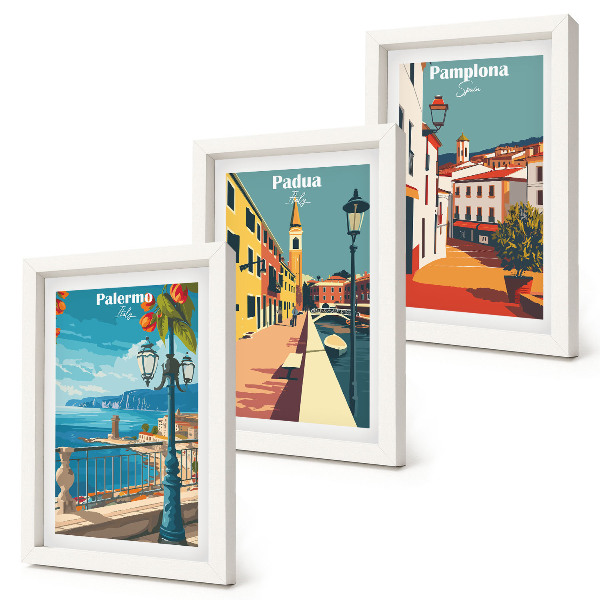 Bilderwand Beliebte Städte im Retro-Illustrationsstil