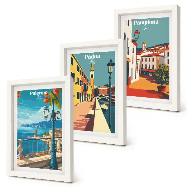 Bilderwand mit beliebten Städten im Retro-Illustrationsstil
