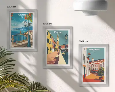 Bilderwand mit beliebten Städten im Retro-Illustrationsstil