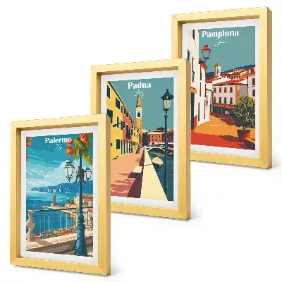Bilderwand mit beliebten Städten im Retro-Illustrationsstil