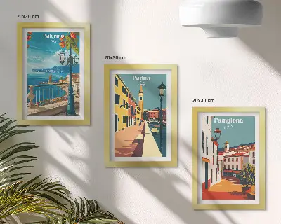 Bilderwand mit beliebten Städten im Retro-Illustrationsstil