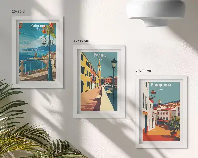 Bilderwand mit beliebten Städten im Retro-Illustrationsstil